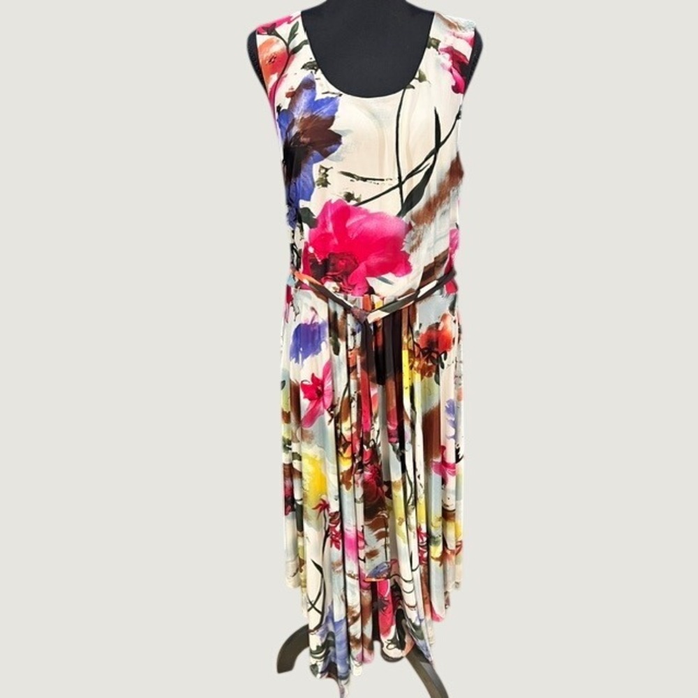 Clues Sleeveless Midi Dress Women 14 Multicolor Floral Handkerchief Hem Tie
